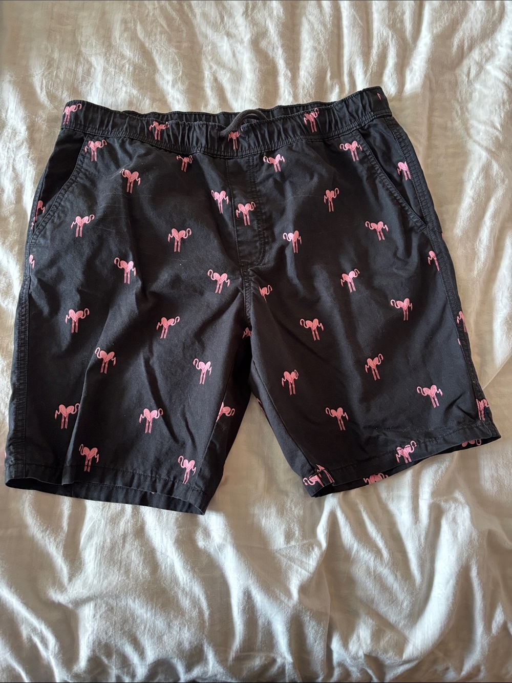 H&M Black Shorts with Pink Flamingo Motif